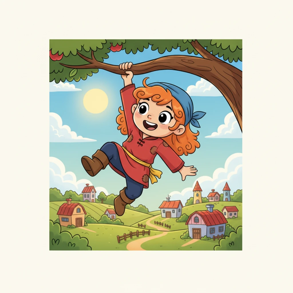 Z szeroko otwartymi, podekscytowanymi oczami, Tola wisi na gałęzi drzewa, z którego obserwuje sielską wieś dziadków. Jej twarz promienieje radością na myśl o nadchodzących wakacjach pełnych słońca i przygód.