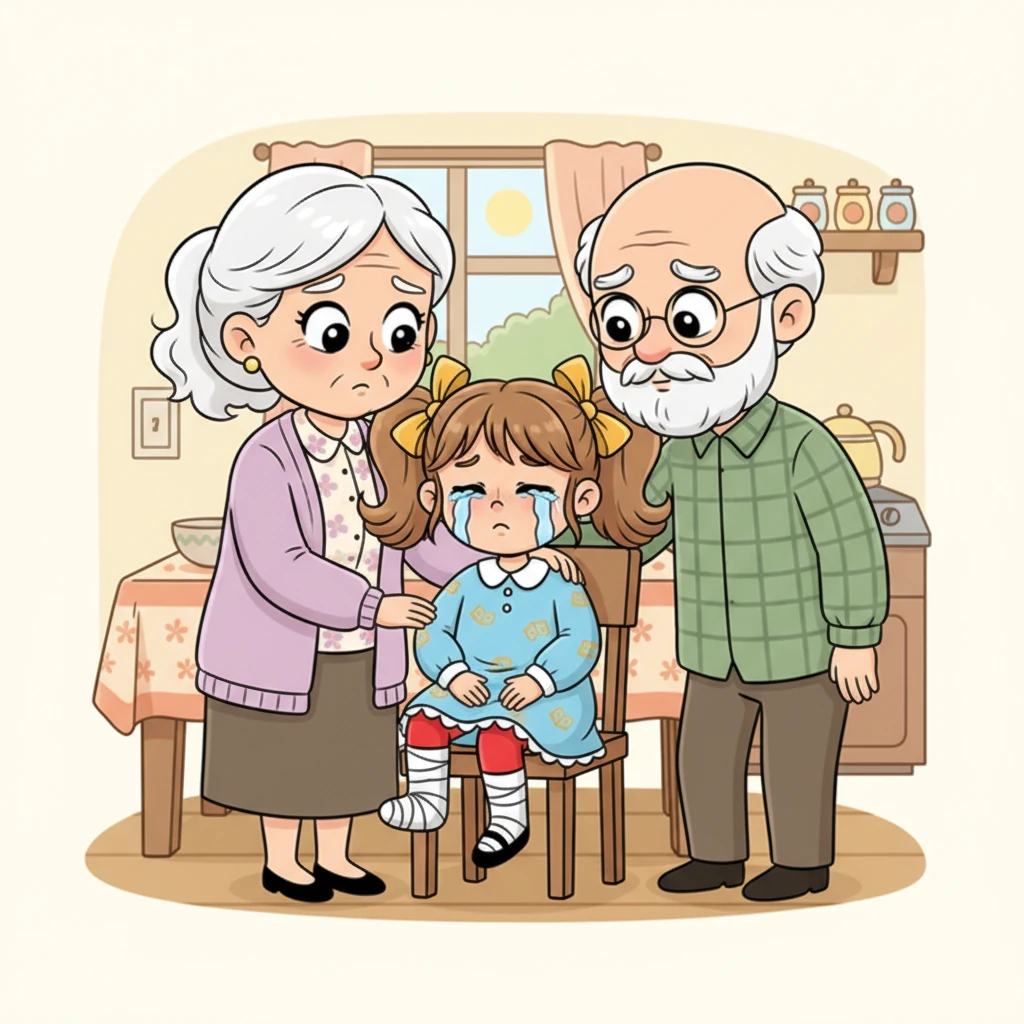 Tola, zapłakana i z nogą w prowizorycznym bandażu, siedzi na krześle, a babcia Danusia i dziadek Józio otaczają ją troską. Ich twarze wyrażają współczucie, a Tola trzyma się za bolącą nogę, z której spływają łzy.