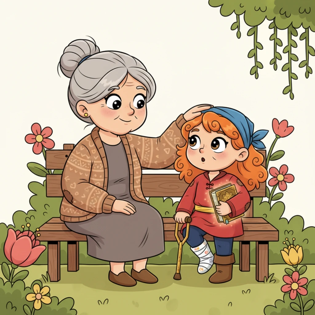 Babcia Danusia z łagodnym uśmiechem gładzi Tolę po włosach, mówiąc, że przygody można przeżyć na wiele sposobów. Na jej twarzy maluje się tajemnicza mądrość, a Tola patrzy na nią, lekko zdziwiona.