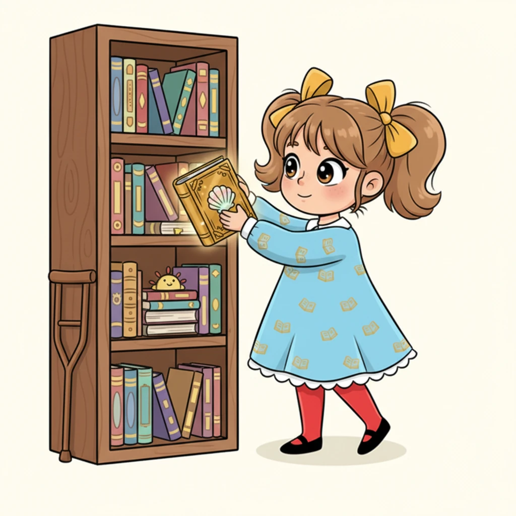 Zaintrygowana Tola podchodzi do regału i wyciąga złotą, błyszczącą książkę z miękką okładką, na której mieni się muszla. Jej oczy są szeroko otwarte z ciekawości, zapominając o bólu i nudzie.