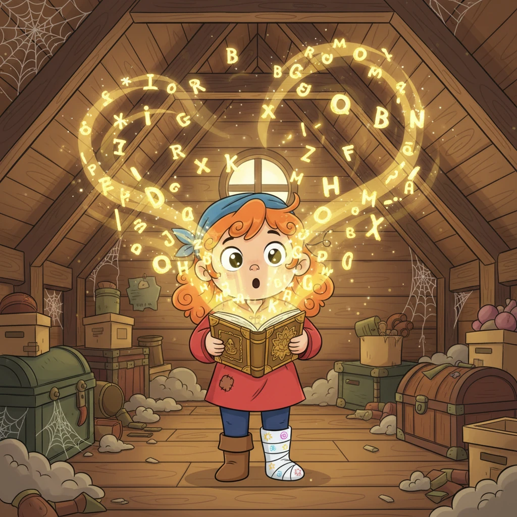 Tola otwiera książkę, a na pierwszej stronie widzi swoje imię. Nagle litery zaczynają wirować i tańczyć wokół niej, wypełniając strych złotym światłem, a Tola czuje zawroty głowy, jej wyraz twarzy to czyste zdumienie.