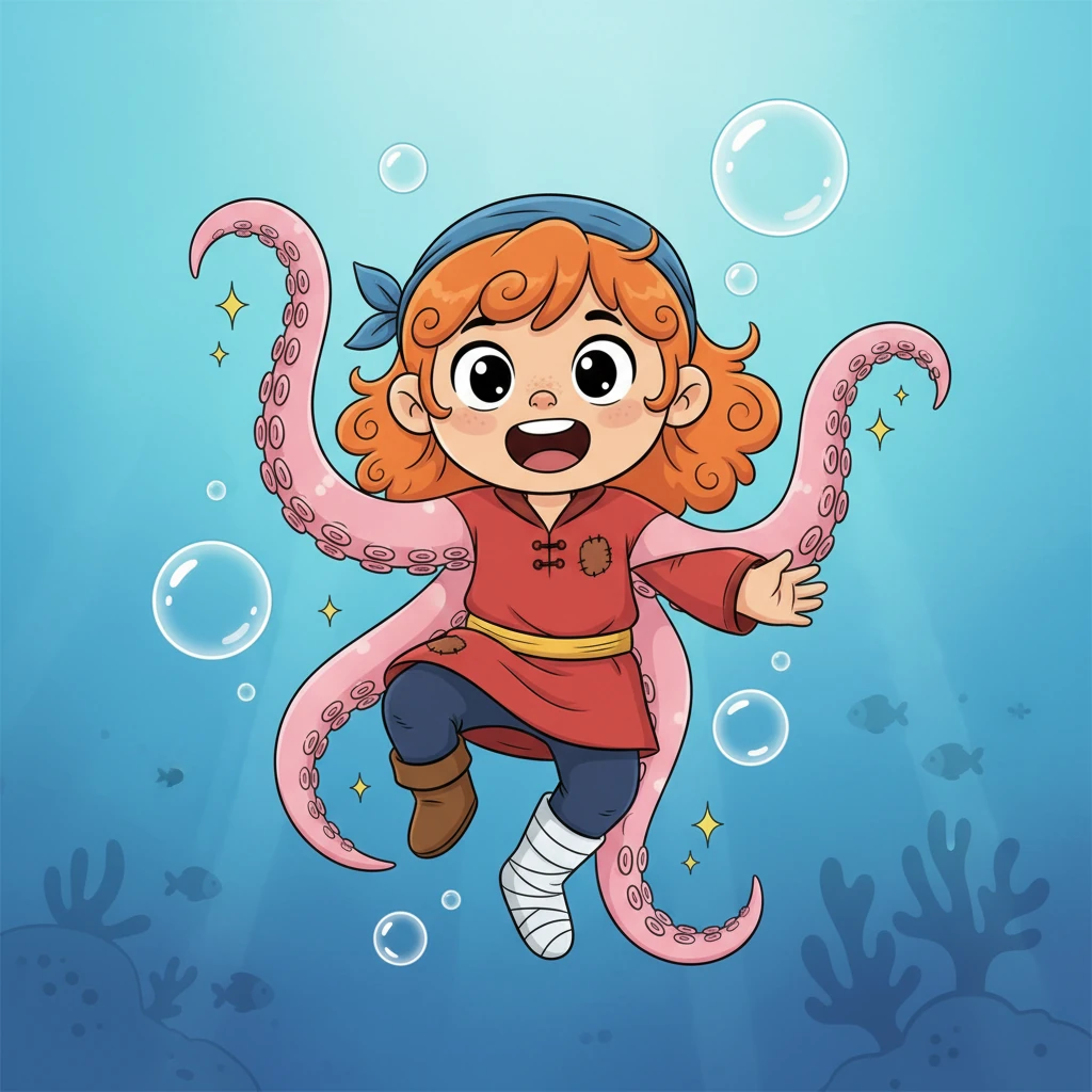 BUM! Tola otwiera oczy i z okrzykiem zdziwienia odkrywa, że unosi się w błękitnej wodzie. Jej ręce zamieniły się w różowe, delikatne macki małej ośmiorniczki, a ona sama jest otoczona morskimi bąbelkami, wyglądając na absolutnie zachwyconą i zaskoczoną swoją nową formą.