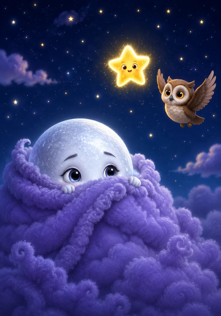Luna the Moon felt very shy tonight, watching the stars twinkle with such confidence. She pulled a thick, fluffy blanket of purple clouds over her face, hoping no one would notice her hiding in the vast sky.