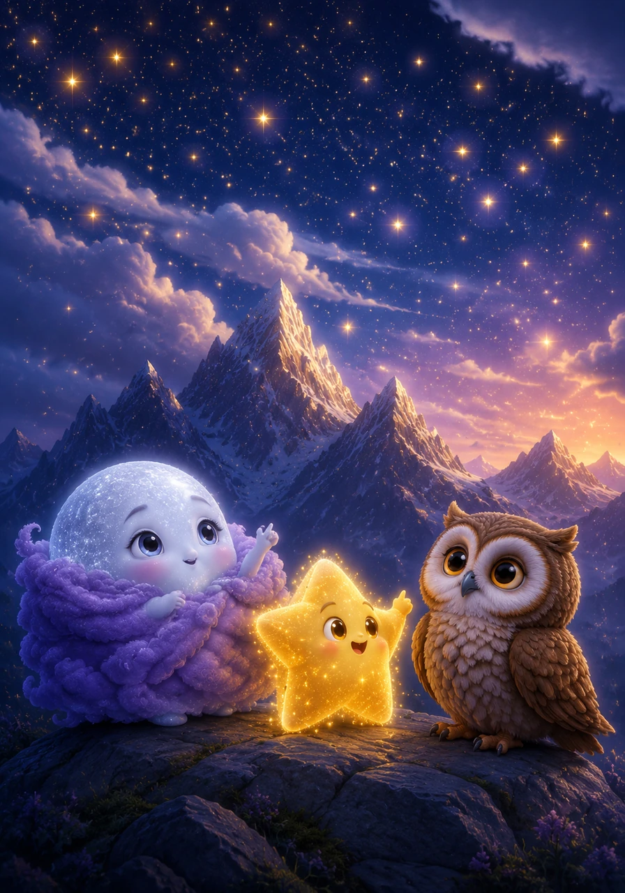 The stars began to peek behind the tallest mountain peaks and under the wispy edges of every passing cloud. Their collective twinkling lit up the sky like a thousand tiny lanterns searching for a lost treasure.