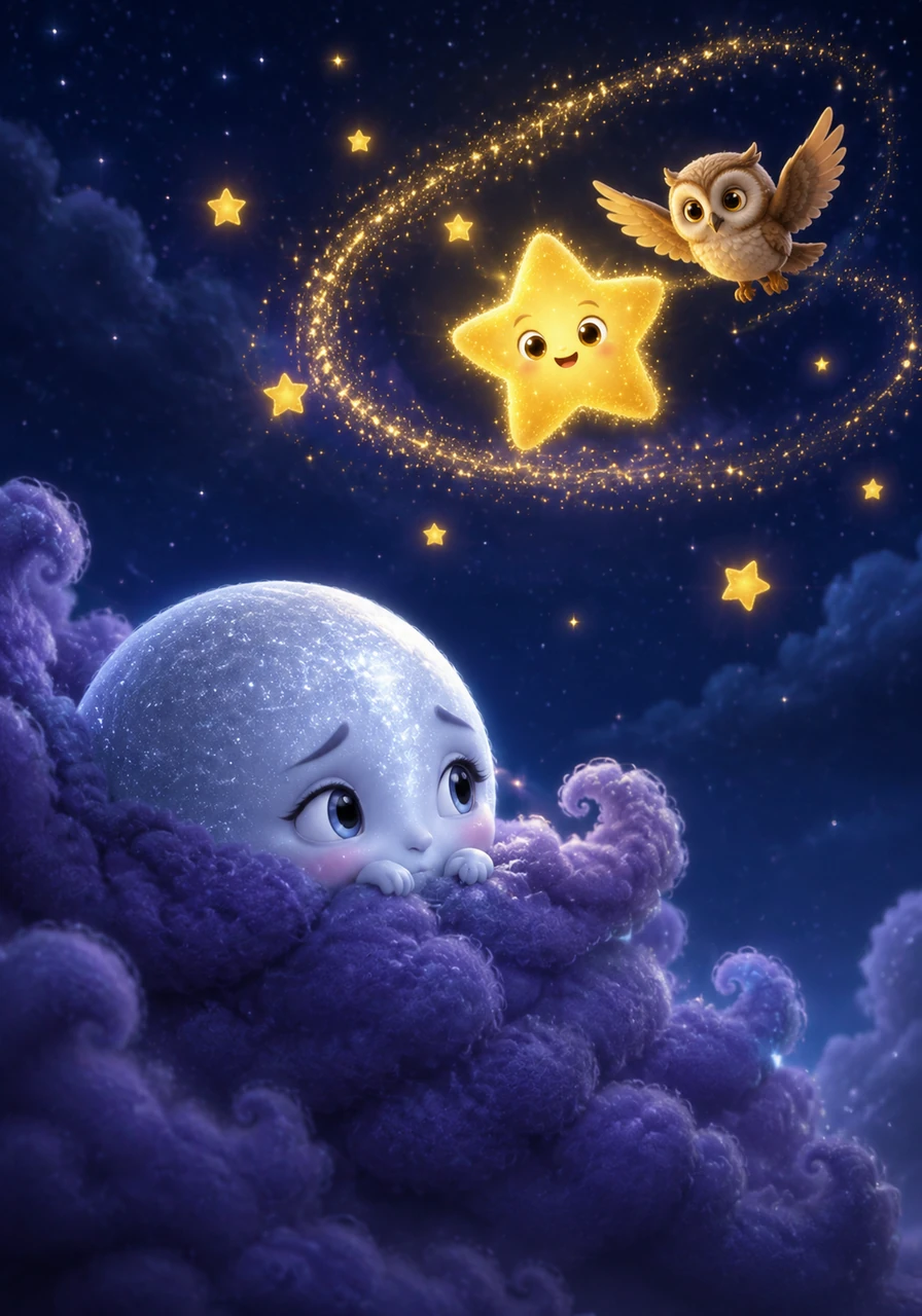 From behind her cloud, Luna watched the stars dancing and spinning through the cool night air. She didn't realize they were looking for her and felt a little lonely in her dark and quiet hiding spot.