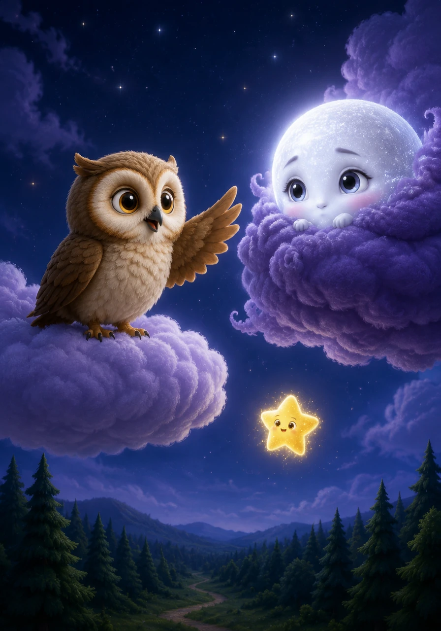 Oliver the Owl flew up high and landed on a nearby cloud, hooting softly to the hidden moon. He told Luna that the forest creatures were lost in the dark and missed her gentle, guiding light to find their way home.