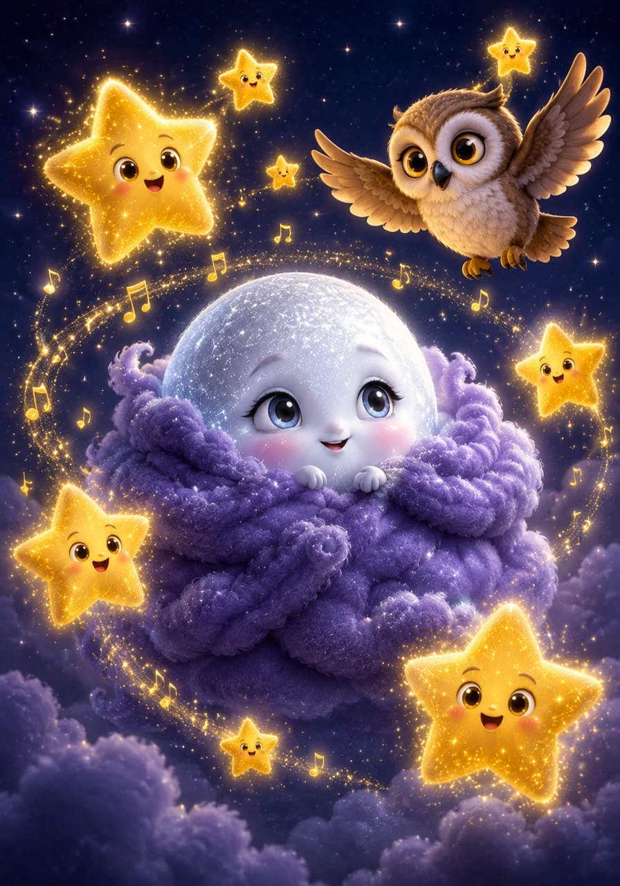 The stars immediately spotted the glow and rushed toward the purple clouds with joyful cheers. They began to sing a shimmering song, telling Luna how much they loved her soft and steady light that made the night beautiful.