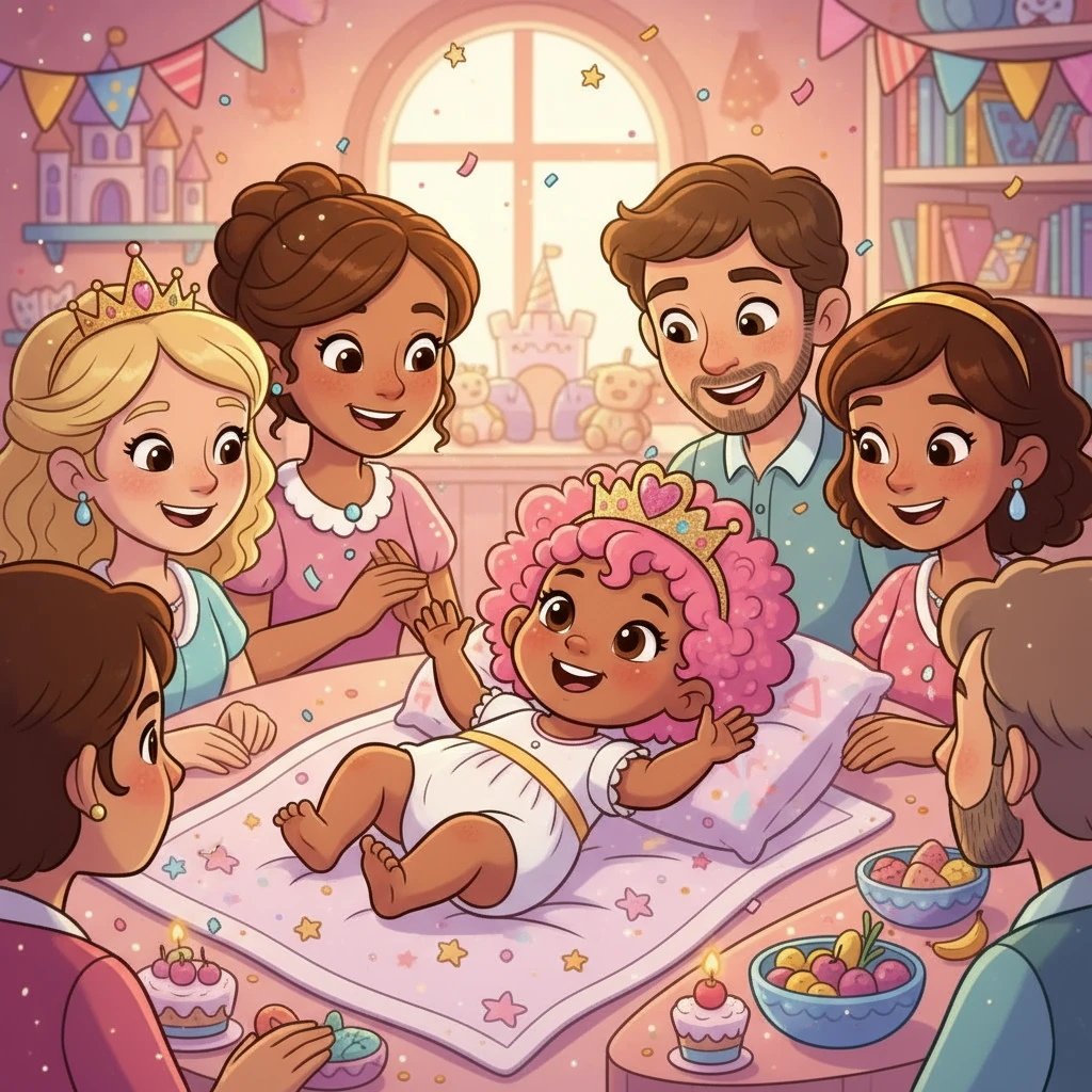 Once upon a giggle and a sprinkle of glitter, a tiny princess named Blush was born in a cozy, happy kingdom filled with love and snacks. From her very first royal coo, everyone knew she was destined for greatness, sparkles, and maybe a little mischief. The kingdom cheered, “Long live Princess Blush!” as she wiggled, smiled, and claimed her very first crown (made of soft baby glitter and apple juice sprinkles).