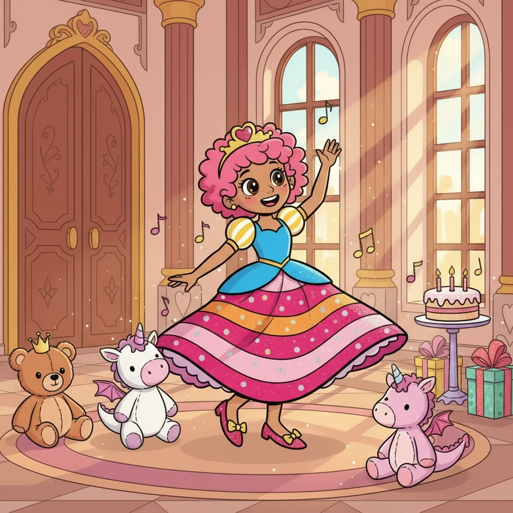 As Princess Blush grew, so did her giggles! She twirled through the palace halls, danced with her stuffed-animal friends, made royal jokes, and practiced her princess wave—sometimes backwards, but always adorable. Soon, she became the sweetest princess in all the land, known for her kind heart, big imagination, and her royal love of birthday cake.