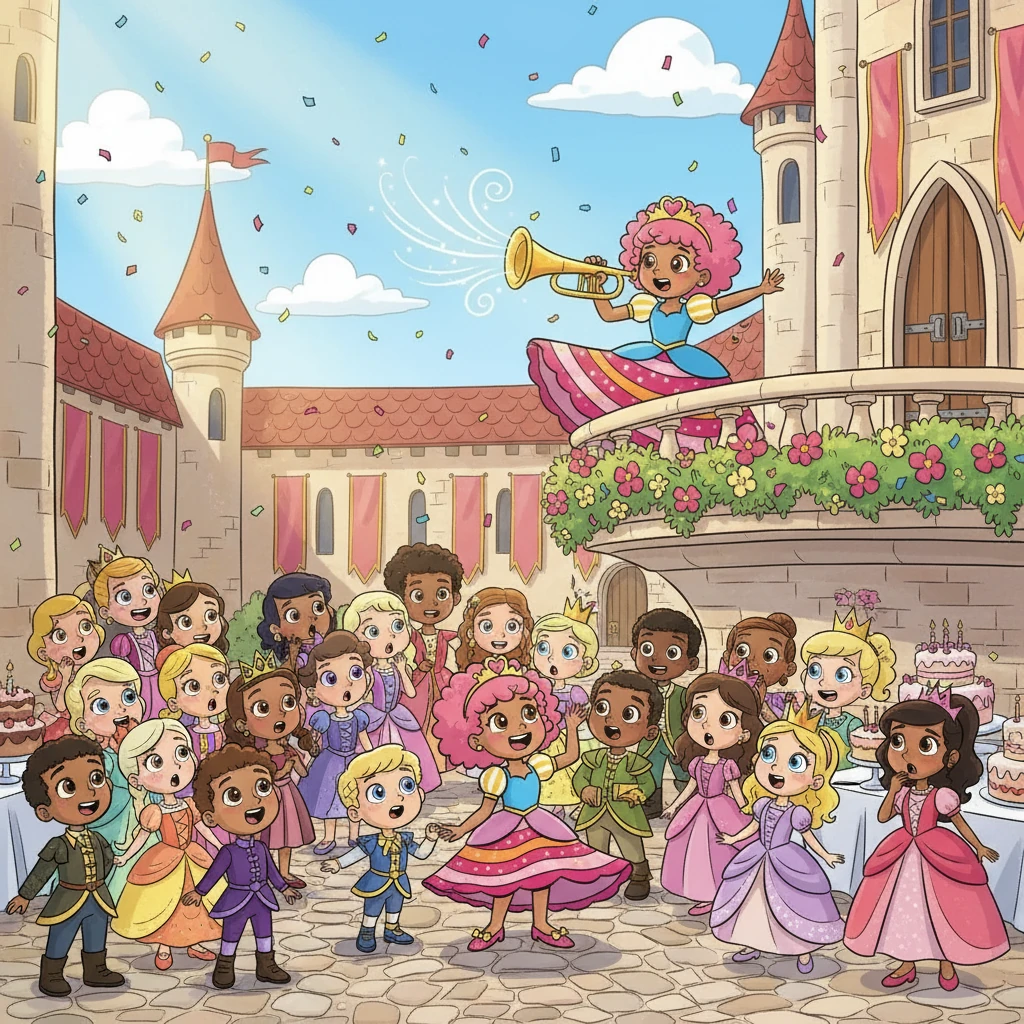 One sunny royal morning, Princess Blush had BIG news. With a trumpet, a tiara, and a twirl, she announced, “Hear ye! Hear ye! I’m having a birthday!” The kingdom gasped with excitement. It was finally time for a grand royal celebration with dancing, friends, games, giggles, and cake-tasting fit for princesses and princes alike!