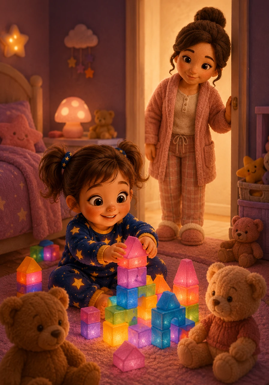 Sofía es una niña de cuatro años con una gran imaginación a la que le encanta jugar con sus juguetes brillantes hasta muy tarde. Su habitación está llena de bloques de colores y ositos de peluche que parecen esperar a que empiece la diversión nocturna. Mamá entra con una sonrisa cálida, recordándole que el reloj ya marca la hora de prepararse para una nueva aventura.