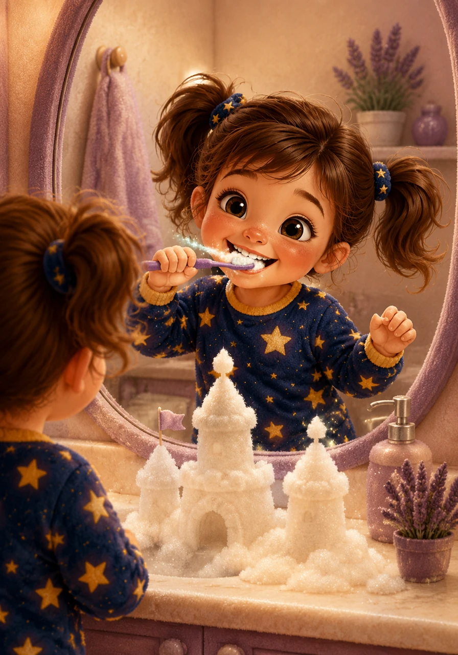En el baño, Sofía se divierte muchísimo haciendo castillos de espuma blanca mientras se cepilla los dientes con energía. Su cepillo brilla con destellos mágicos y ella se mira en el espejo imaginando que es una valiente exploradora preparándose para una misión secreta. El agua tibia y el olor a lavanda empiezan a relajar sus pequeños hombros.