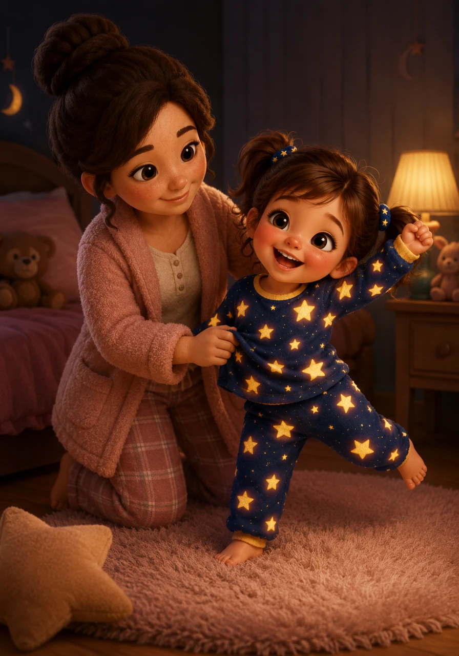 Mamá le ayuda a ponerse su pijama favorito, uno azul oscuro cubierto de estrellas amarillas que brillan en la oscuridad. Sofía da un salto alegre sobre su suave alfombra, sintiéndose como una astronauta lista para viajar al espacio de los sueños. El ambiente de la habitación se vuelve pacífico y acogedor, iluminado solo por una lámpara tenue.