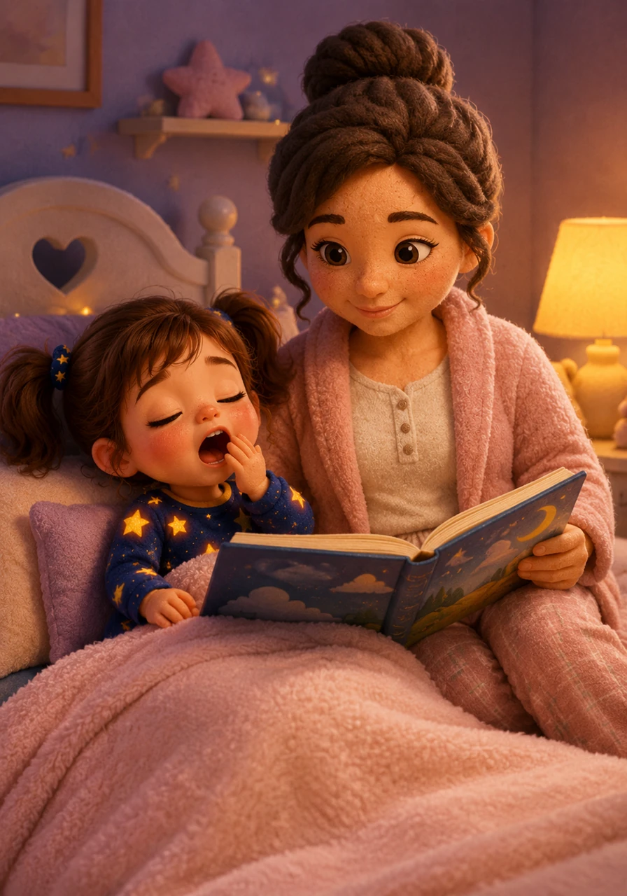 Sofía se acurruca bajo sus mantas esponjosas mientras su mamá abre un gran libro de cuentos ilustrados. Con voz suave y melodiosa, mamá le cuenta la historia de un tierno cachorrito que duerme temprano para tener fuerza al día siguiente. Los ojos de Sofía empiezan a pesarle y un tierno bostezo escapa de sus labios.