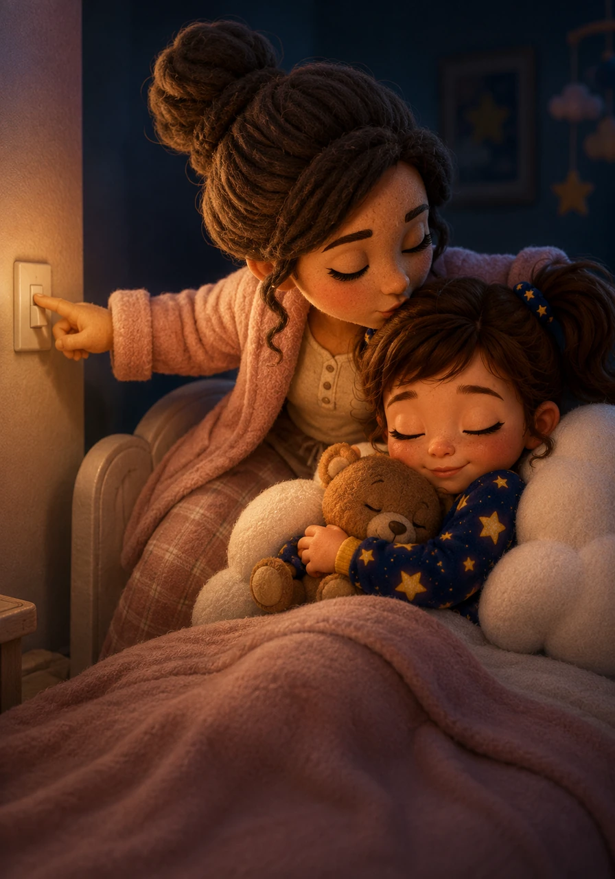 Mamá le da un beso tierno en la frente, le desea dulces sueños y apaga la luz principal, dejando que las estrellas de su pijama guíen el camino. Sofía abraza fuertemente a su osito de felpa y cierra los ojos, hundiéndose en una almohada tan suave como una nube. El silencio de la noche la abraza por completo, llevándola a un descanso profundo.