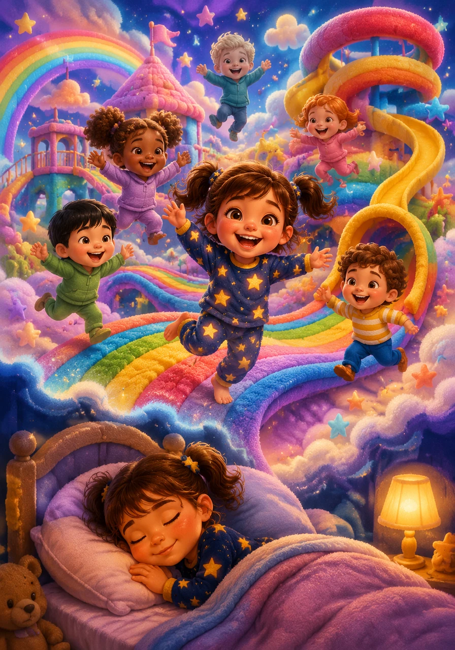 Mientras duerme plácidamente, Sofía sueña que corre por un patio de colegio hecho de arcoíris y toboganes gigantes. En su sueño, ella tiene una energía asombrosa que le permite saltar muy alto y reír a carcajadas junto a muchos niños de su edad. Su cuerpo y su mente se recargan por completo gracias al maravilloso descanso nocturno.