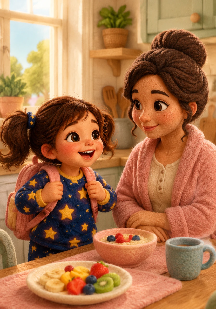 En la cocina, un desayuno delicioso y colorido la espera para darle aún más energía de superhéroe. Sofía se come todo el plato de frutas frescas y avena mientras le cuenta entusiasmada a su mamá el hermoso sueño que tuvo. Se pone su mochila con orgullo, ajustando las correas como si fuera un escudo de valentía.