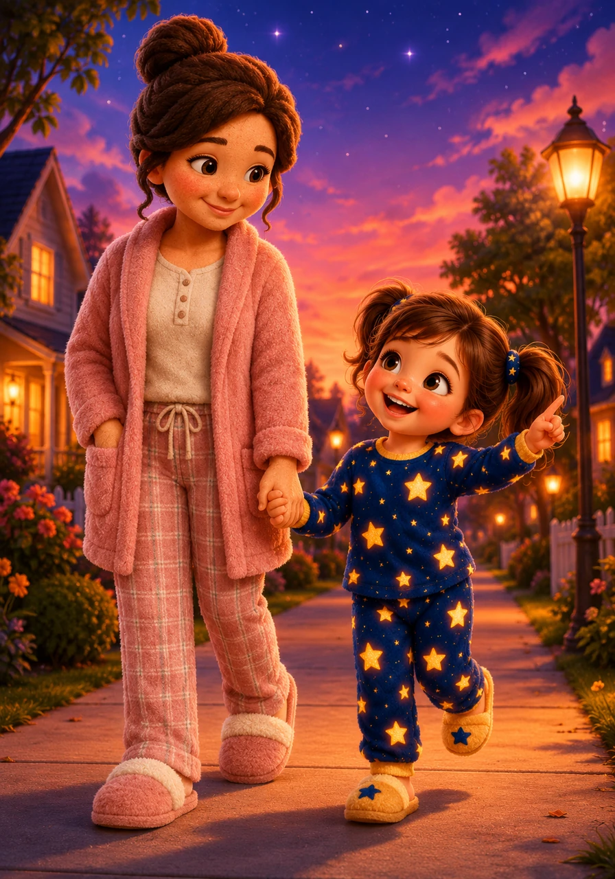 Al final del día, Sofía regresa a casa saltando de la mano de su mamá, compartiendo todas las maravillas que aprendió y jugó. Al mirar el cielo que empieza a oscurecerse, Sofía sonríe sabiendo que esta noche también se acostará temprano. Sabe muy bien que el descanso es la magia secreta para tener otro día espectacular en el colegio.