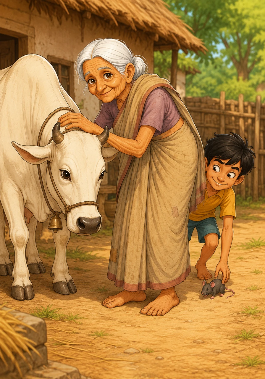 अरे देखो, वह बूढ़ी अम्मा कितने ध्यान से अपनी गाय को सहला रही हैं। चिंटू ने दबे पाँव उनके पीछे जाकर गाय के पास एक छोटी सी नकली चूहे की खिलौना रख दी।