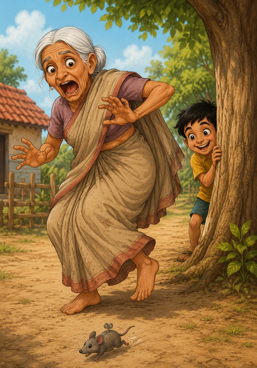 अम्मा जैसे ही मुड़ीं और खिलौना देखा, वो डर के मारे 'चूहा, चूहा' चिल्लाने लगीं। चिंटू अपनी हँसी रोकते हुए पेड़ के पीछे छिप गया और अम्मा की फजीहत का मज़ा लेने लगा।