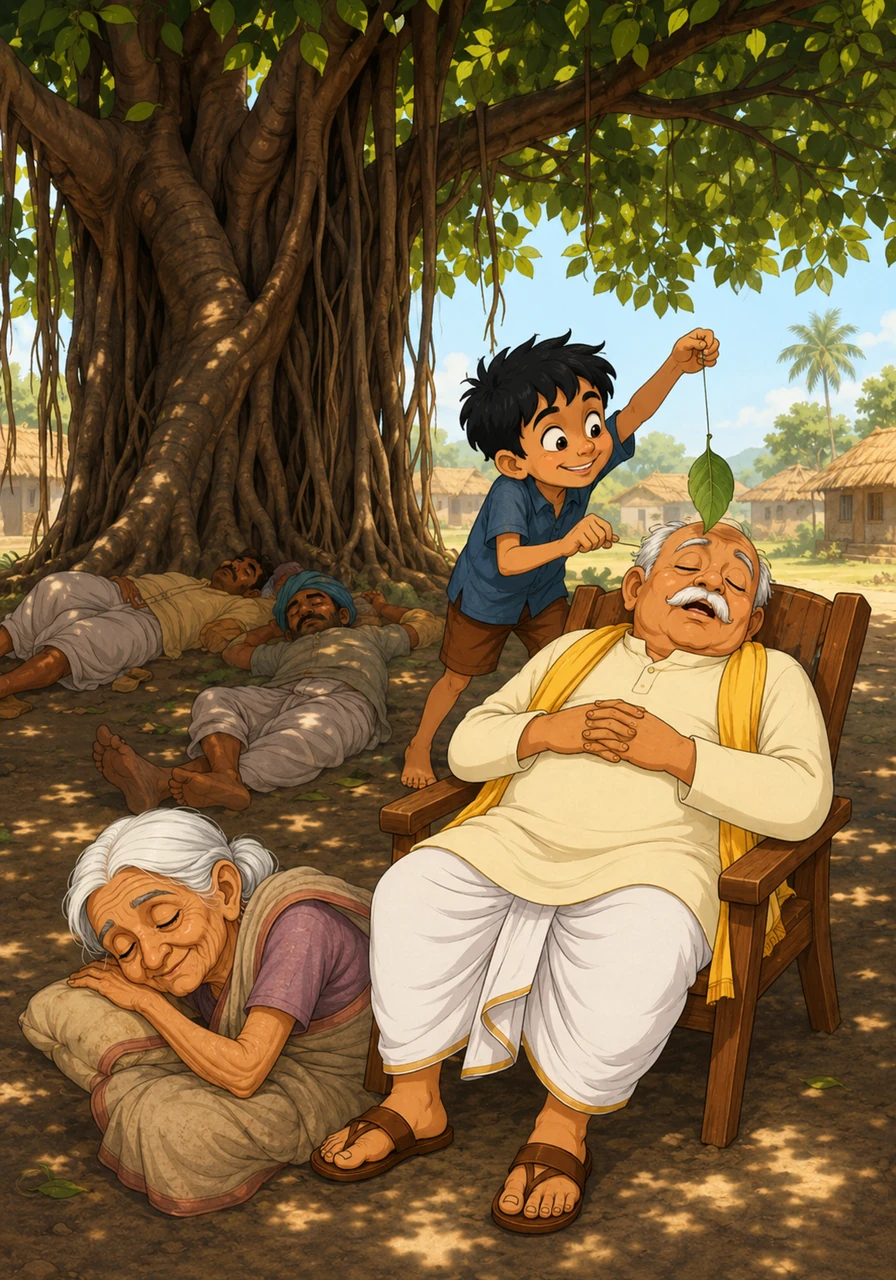 दोपहर में गाँव के कुछ लोग बरगद के पेड़ की छाया में गहरी नींद सो रहे थे। चिंटू ने एक बड़ी सी पत्ती को धागे से बाँध कर चुपके से मुखिया जी की नाक के पास लटका दिया।