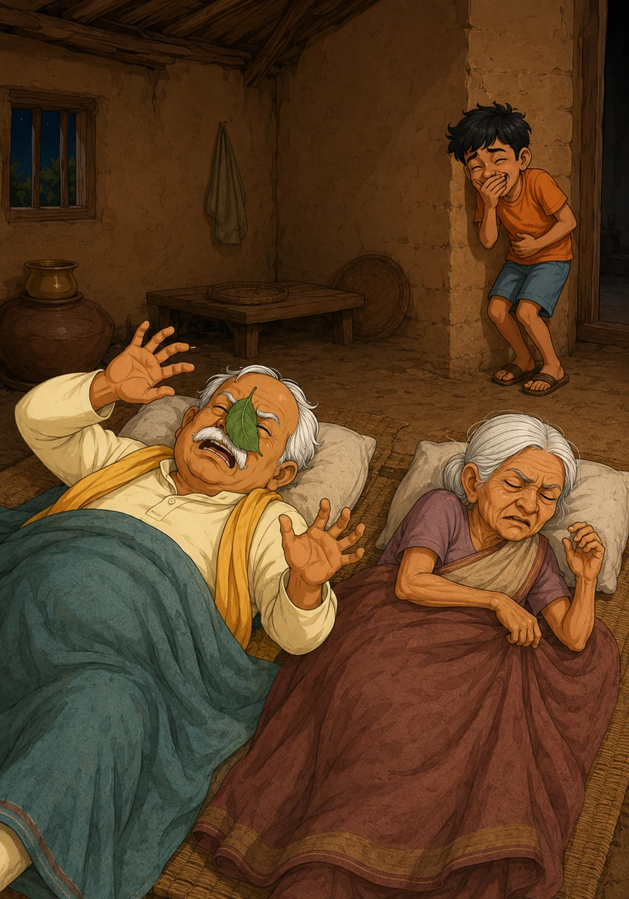 पत्ती उनकी नाक पर गुदगुदी करने लगी और वह नींद में ही हाथ हिलाते हुए खुद को और अपने साथी को परेशान करने लगे। चिंटू पास ही दीवार के पीछे खड़ा होकर हँसी के मारे लोटपोट हो रहा था।