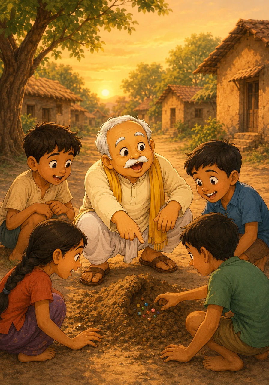शाम को गाँव के बच्चे खेल रहे थे। चिंटू ने मिट्टी के एक ढेर में छोटी-छोटी रंगीन मोतियों को छिपा दिया और सबको बताया कि यहाँ खज़ाना है।