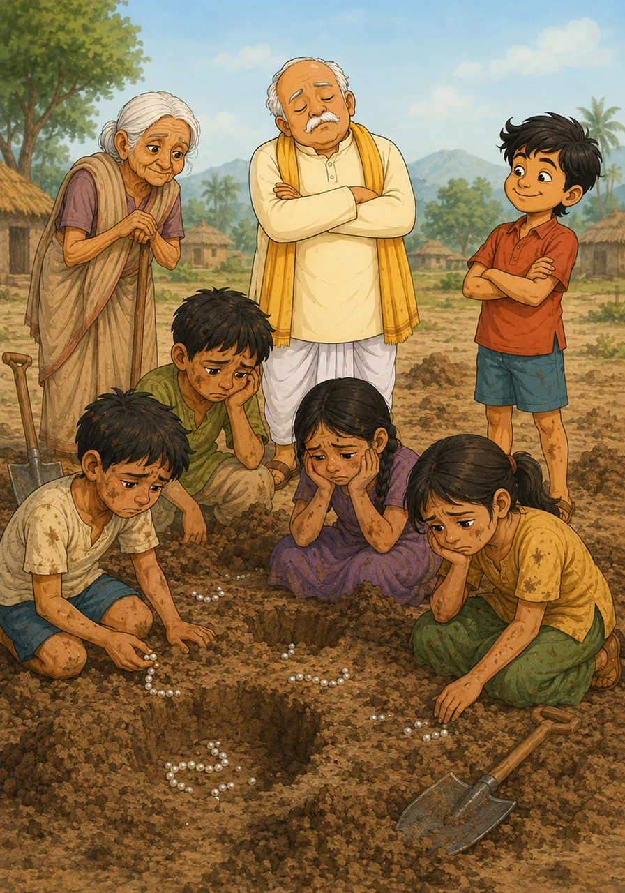 सारे बच्चे जोरों से मिट्टी खोदने लगे, लेकिन खज़ाने की जगह उन्हें सिर्फ मोतियाँ मिलीं। उनकी मेहनत बर्बाद हो गई और चिंटू अपनी चालाकी पर मुस्कुरा रहा था।