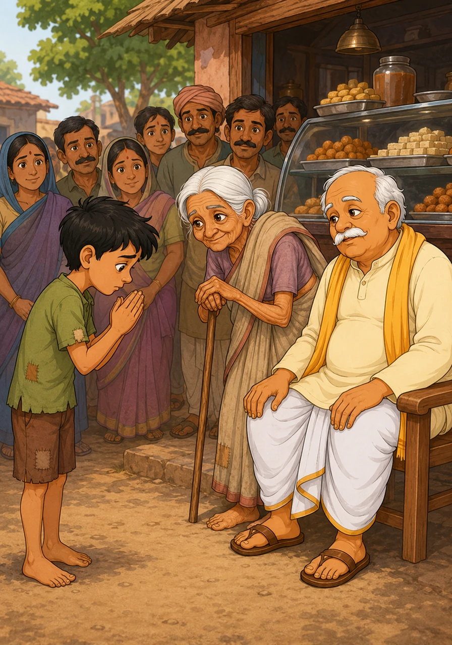 चिंटू को हलवाई की बात समझ आई और वह उदास हो गया। उसने अपनी सभी शरारतों के लिए सब से माफ़ी माँगी और एक नेक लड़का बनने का वादा किया।