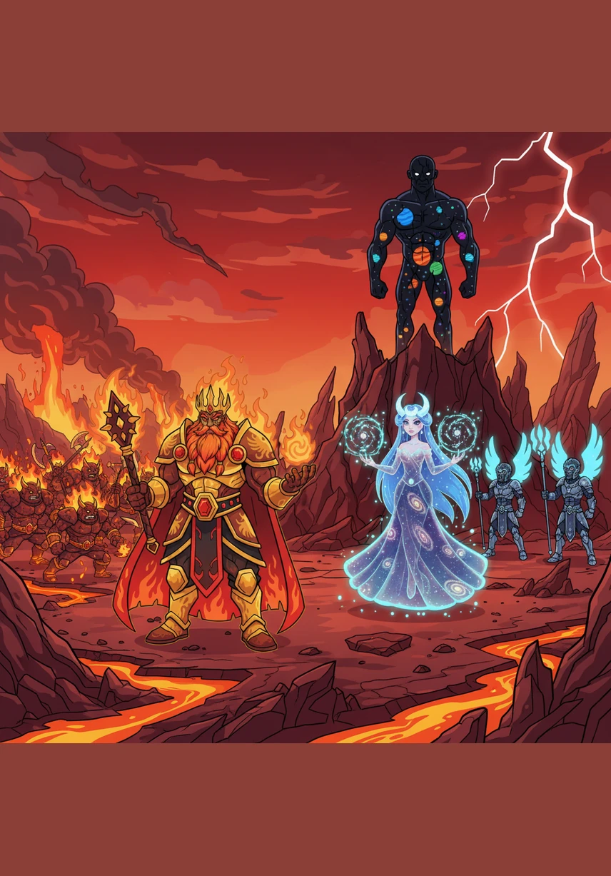 The planet Ignis-7 is a hellscape of fire and debris, with destruction visible in every direction. Kaelthor floats amidst a swirling void storm, his molten body pulsing with unstable energy as the world burns beneath him.