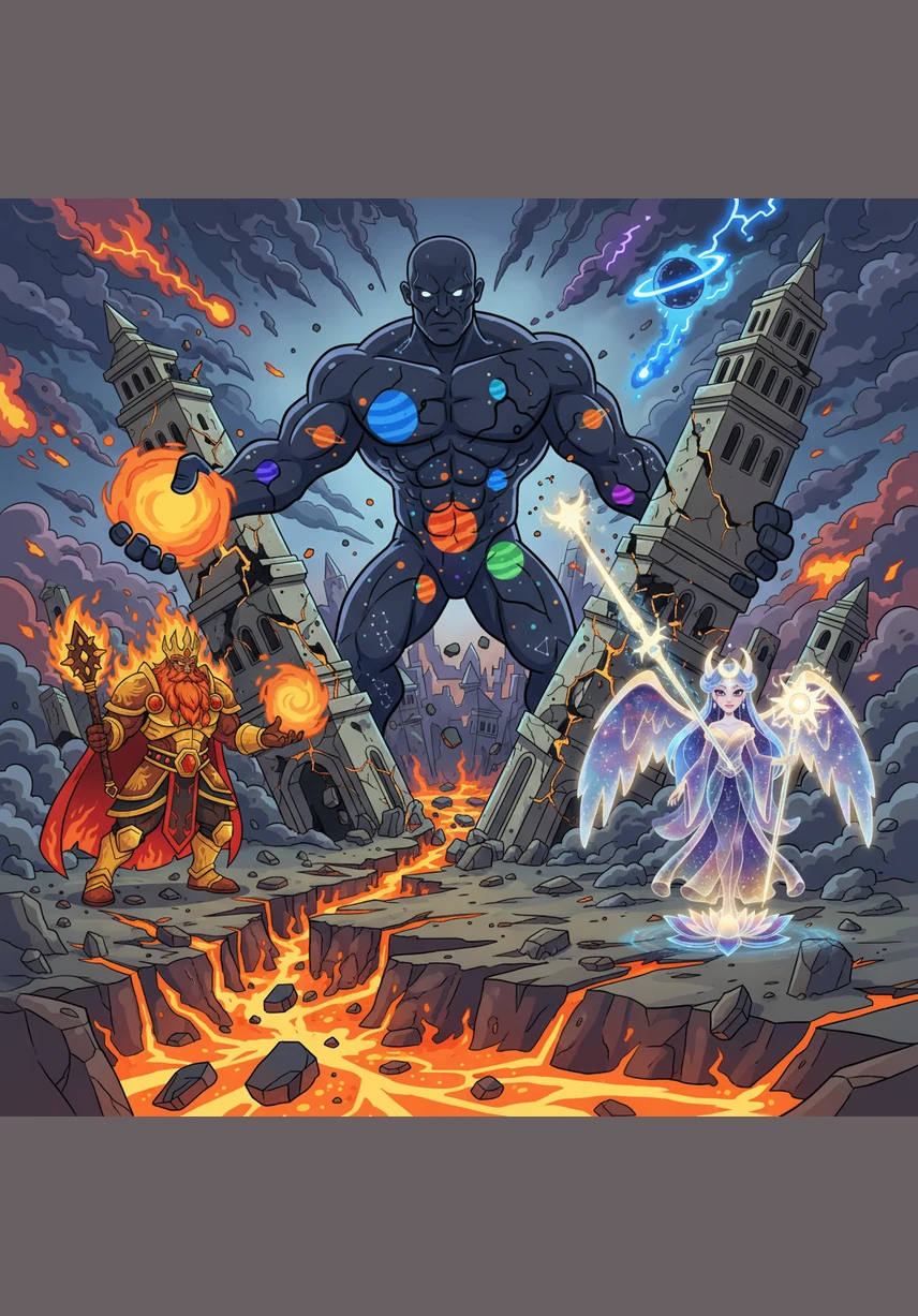 Panicked soldiers flee the crumbling cities, their screams lost to the roar of the flames and cracking earth. One brave soldier looks up in despair, shouting a final, futile plea to the king who no longer recognizes his own people.