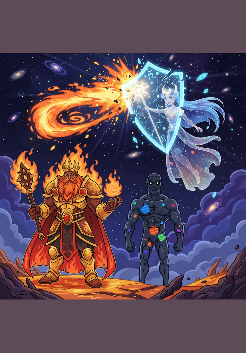 Kaelthor raises a hand, gathering a terrifying mixture of solar fire and dark void energy into a single point. With a cold, detached gaze, he releases an Infernal Void Burst, a shockwave that obliterates the entire region in a blinding flash.