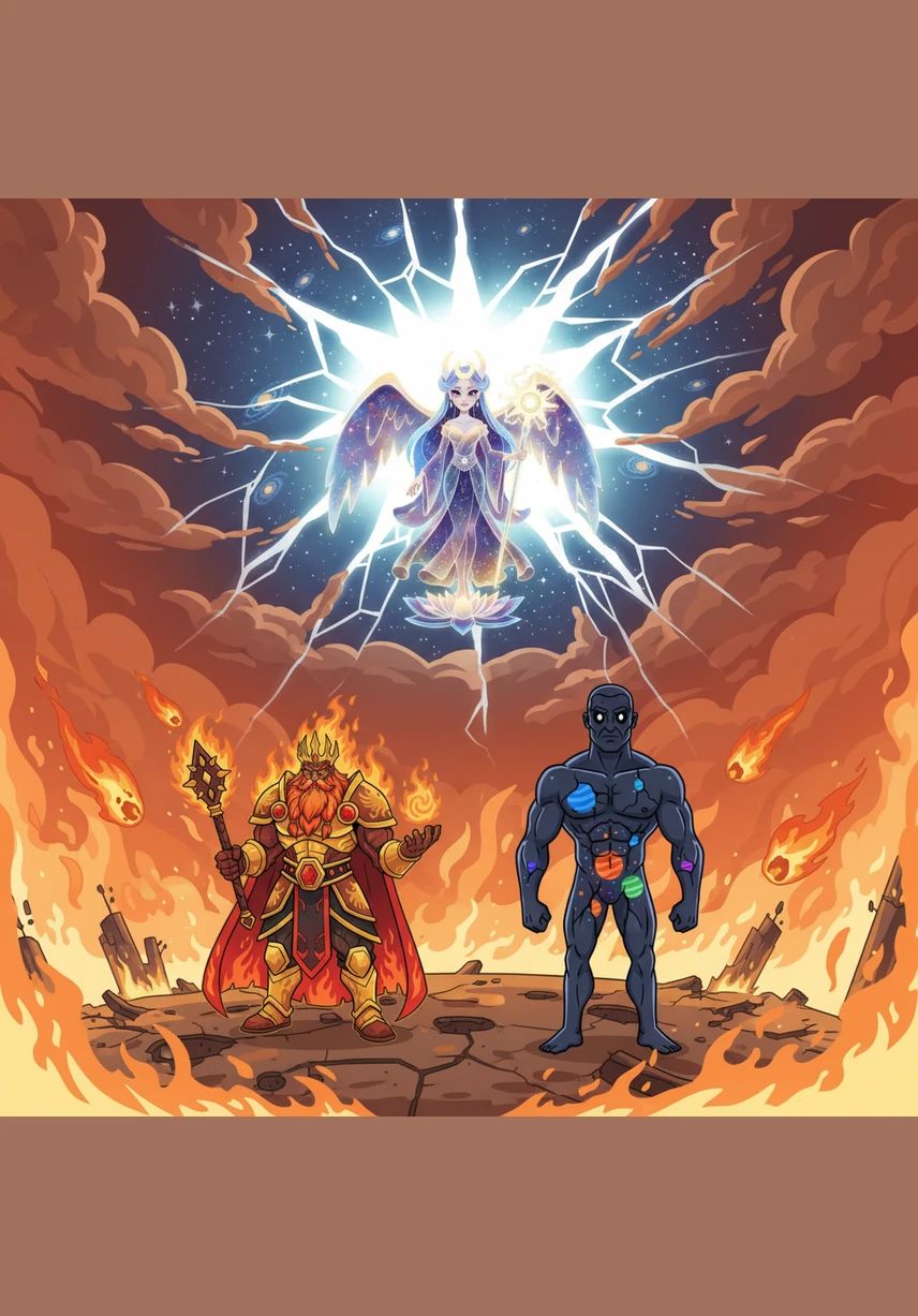 The sky above the dying planet cracks open like glass, revealing a blinding divine light from beyond the stars. From this celestial rift, Rudra descends in a glowing, majestic form, her presence momentarily stilling the chaotic fires.