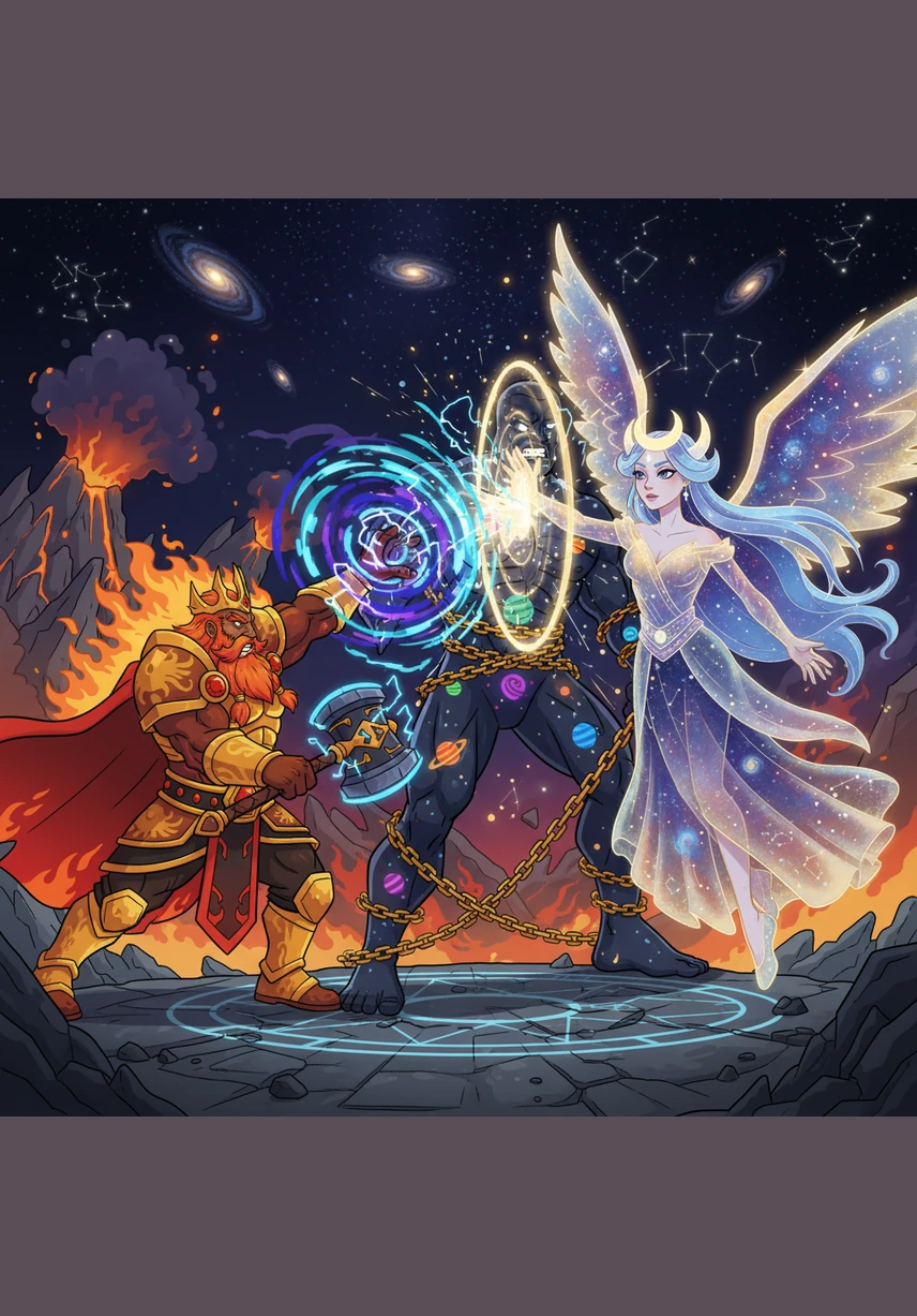 Kaelthor hurls a spear of concentrated fire and void energy directly at Rudra. She raises her hand calmly, manifesting a golden divine shield that absorbs the impact in a thunderous explosion of light and sparks.