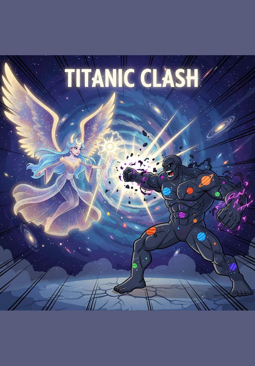 The two titans clash in a brutal close-combat struggle that sends shockwaves through the atmosphere. Rudra manages to push Kaelthor back and summons golden celestial chains that wrap around his molten limbs to bind his power.