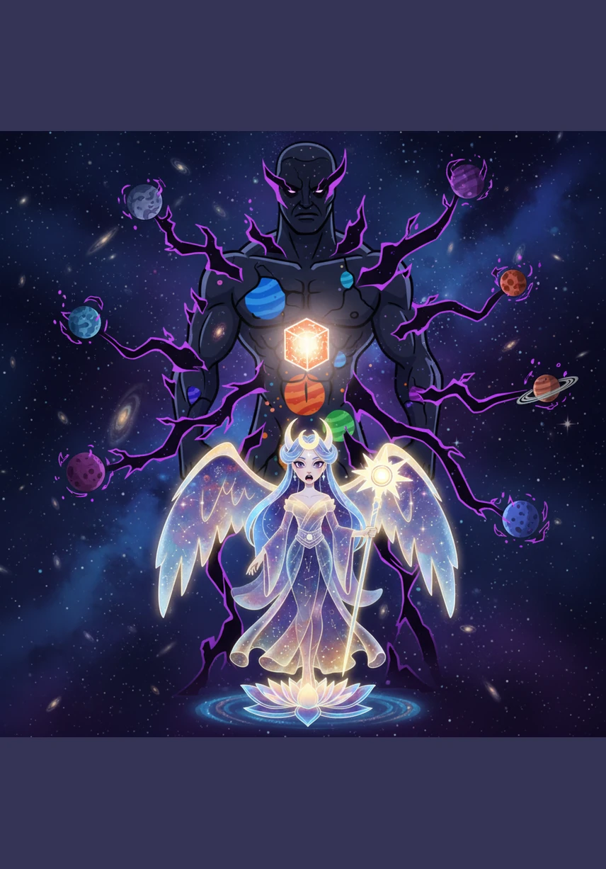 A blinding white explosion fades to reveal Ignis-7 compressed into a small, glowing cube floating in the silent void of space. Behind Rudra, the shadow of Malvexis emerges, revealing that the corruption has already spread through rifts to ten other worlds.