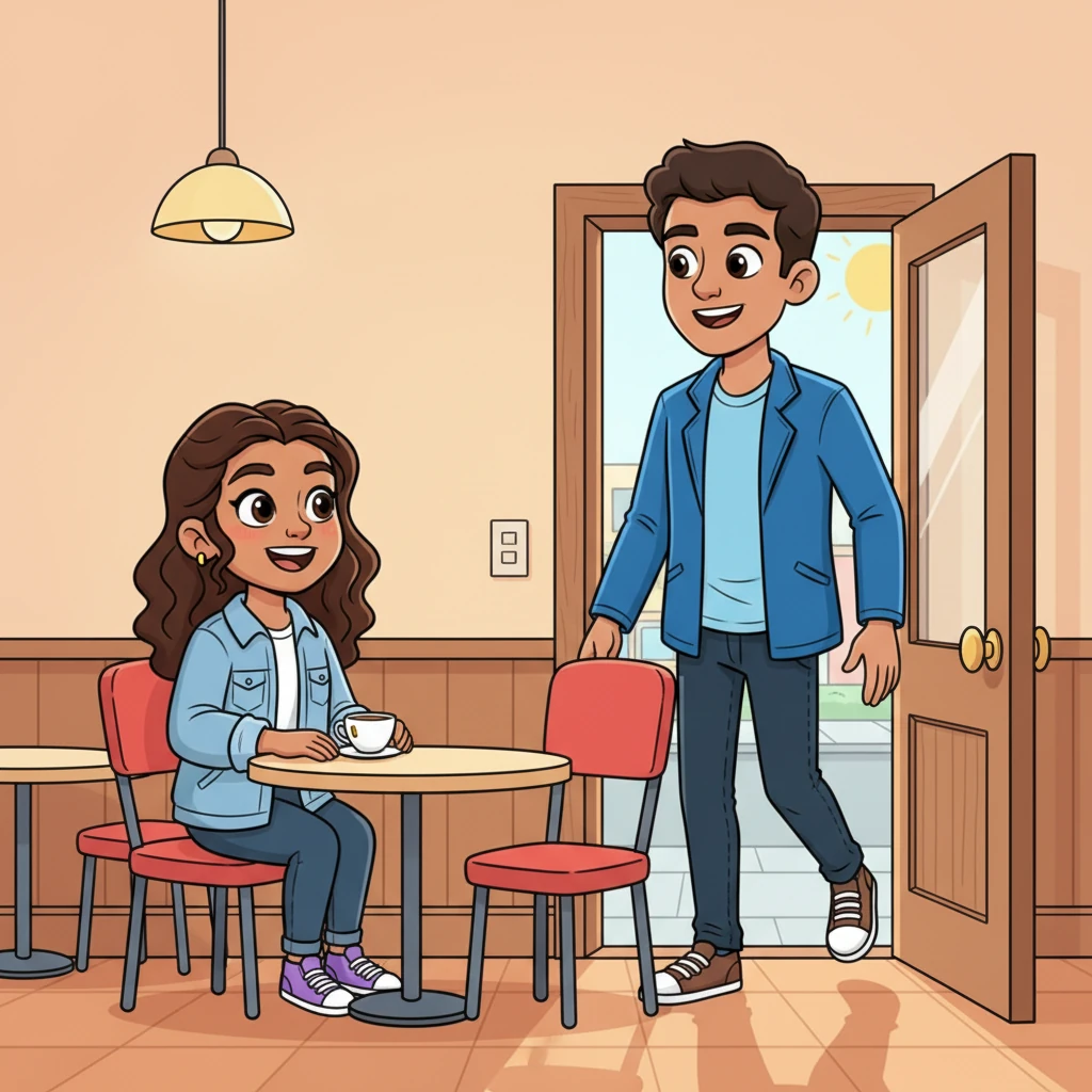 De repente, un joven alto y sonriente **entró** por la puerta. **Era** Mateo, su cita. Llevaba una chaqueta azul que le quedaba muy bien, y Sofía sintió un pequeño revoloteo en el estómago.