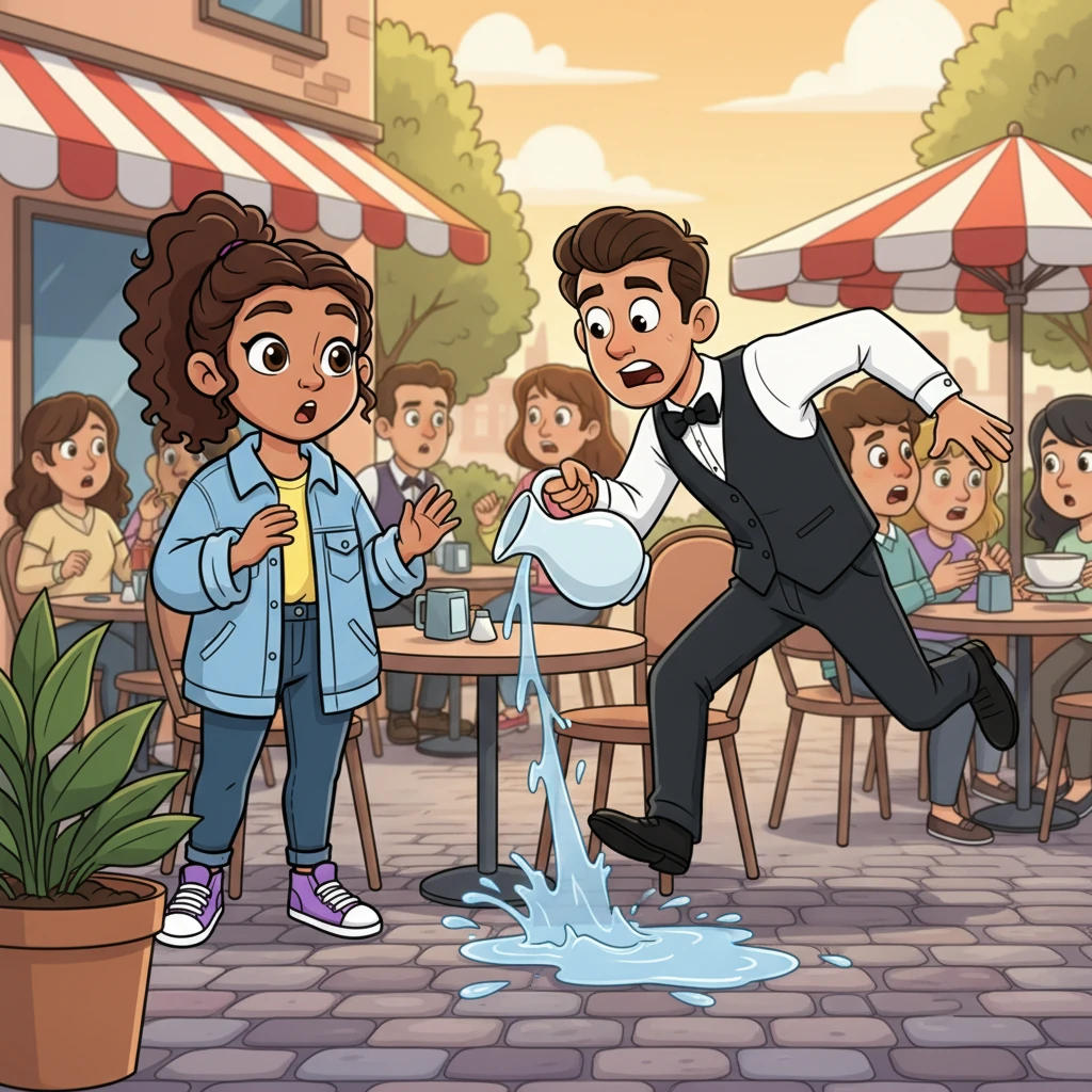 De repente, un camarero pasó corriendo con prisa y **derramó** un poco de agua cerca de su mesa, justo al lado de los pies de Sofía. **Fue** un momento de sorpresa, pero nadie se mojó, solo el suelo.
