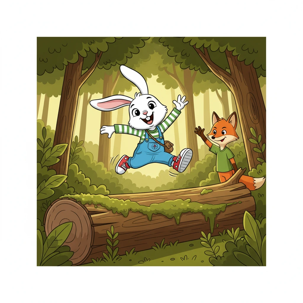 Di tengah hutan yang rimbun, Kiki si kelinci berlari dengan kecepatan tinggi. Kakinya bergerak sangat cepat hingga terlihat seperti blur, melompati batang kayu tumbang yang besar dan berlumut dengan ekspresi yang sangat antusias dan bersemangat. Riko si rubah terlihat di kejauhan, melambaikan tangan dengan senyum yang dipaksakan ramah, tetapi matanya menunjukkan niat licik.