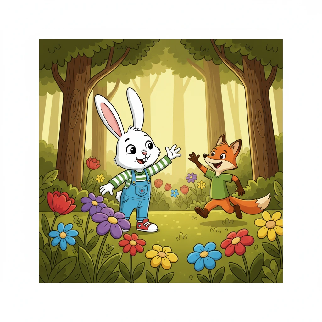 Kiki berhenti sejenak, terengah-engah tapi tetap tersenyum lebar. Ia melihat ke arah Riko yang semakin mendekat, melambaikan tangannya kembali dengan ceria. Bunga-bunga liar bermekaran di sekelilingnya, menambah keindahan hutan yang damai.