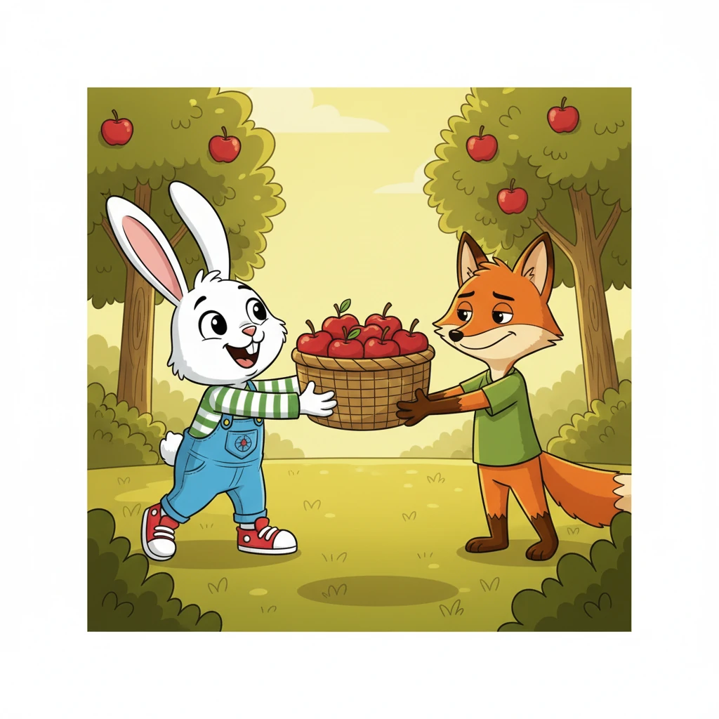 Riko mendekat dengan langkah pelan, matanya menyipit saat melihat Kiki. Ia menawarkan sekeranjang apel merah yang terlihat lezat, namun senyumnya tetap terlihat aneh dan tidak tulus. Kiki, dengan polosnya, menerima apel itu dengan gembira.