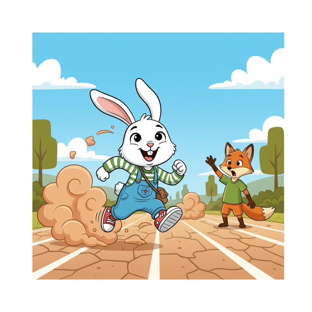 Balapan dimulai! Kiki melesat ke depan dengan kecepatan luar biasa, meninggalkan Riko yang terkejut di belakang. Debu beterbangan di belakang Kiki, menunjukkan betapa cepatnya ia berlari.