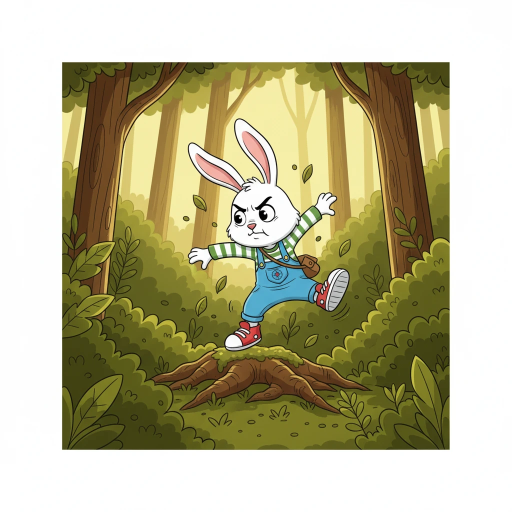 Riko mencoba jalan pintas melalui semak-semak lebat, berpikir ia bisa mengelabui Kiki. Namun, ia malah tersandung akar pohon yang tersembunyi, menyebabkan dia terjatuh dengan bunyi keras. Ekspresinya tampak kesal dan malu.