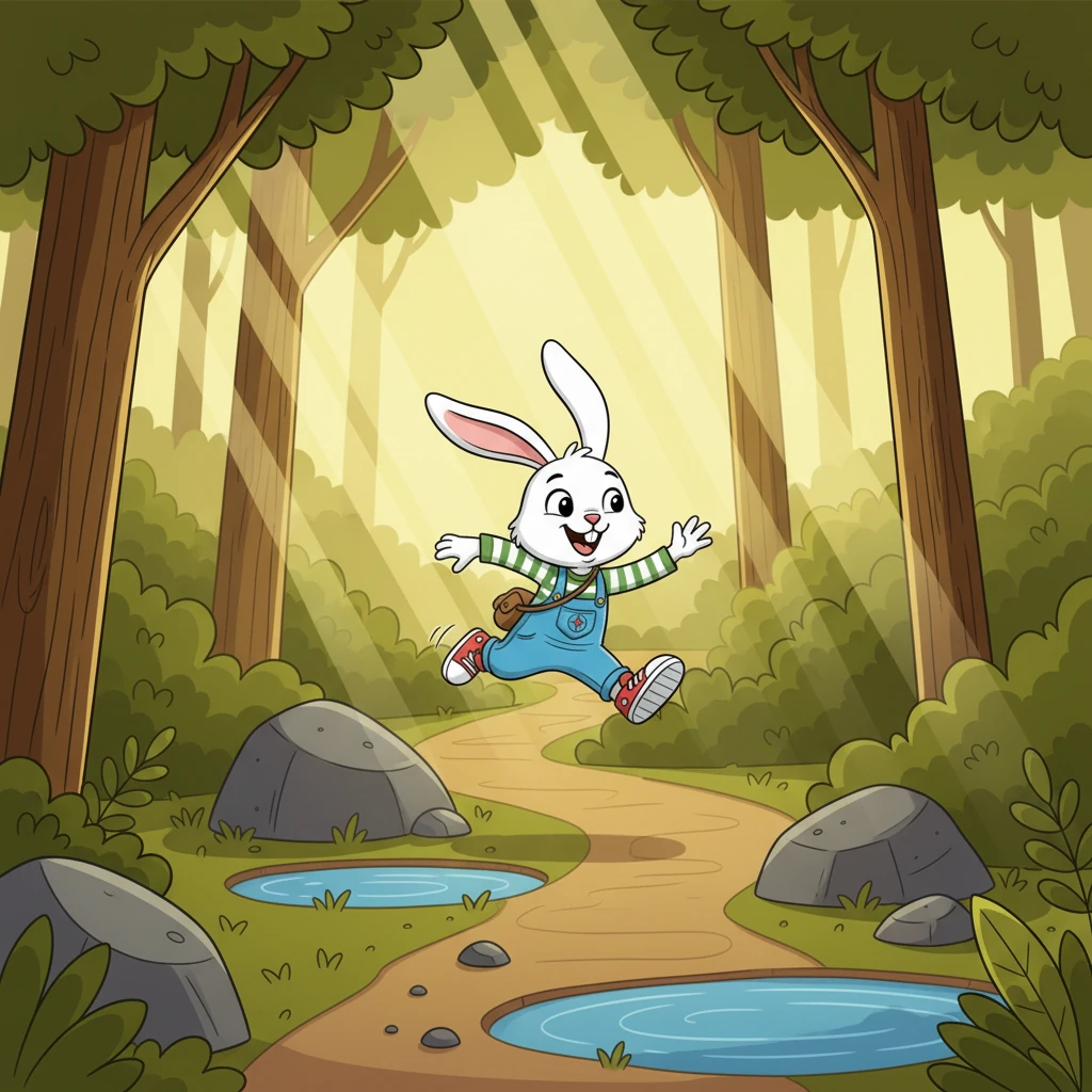 Kiki, tanpa menyadari tipuan Riko, terus berlari dengan fokus. Ia melompati bebatuan dan genangan air, menikmati setiap langkahnya. Matahari bersinar cerah menembus celah pepohonan, menerangi jalannya.