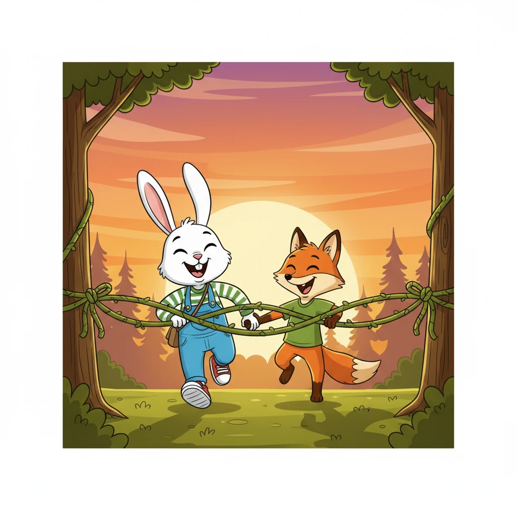 Bersama-sama, Kiki dan Riko melintasi garis finis, meskipun Kiki bisa saja menang sendiri. Mereka tertawa bersama, menyadari bahwa persahabatan jauh lebih berharga daripada kemenangan. Matahari terbenam di balik pepohonan, mewarnai langit dengan nuansa oranye dan ungu.