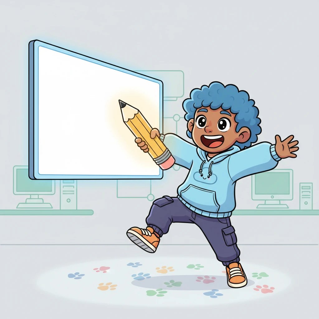 Pixel Pete, a cheerful little architect with a giant, glowing pencil, stands before a huge, blank digital canvas. His eyes sparkle with excitement as he declares, "Time to build the most amazing Animal Health Records System for all my furry and feathered friends!" He bounces on his toes, ready to begin his grand design.