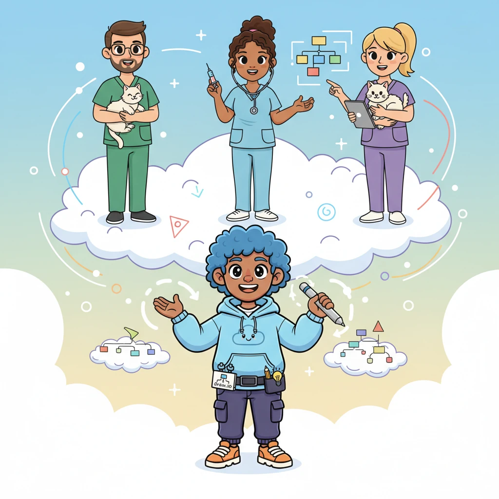 First, Pete draws three friendly characters at the very top of his digital world: a loving Pet Owner hugging a fluffy cat, a kind Veterinary Staff member with a stethoscope, and a helpful Administrator organizing files. These are the happy users, eager to interact with his wonderful system.