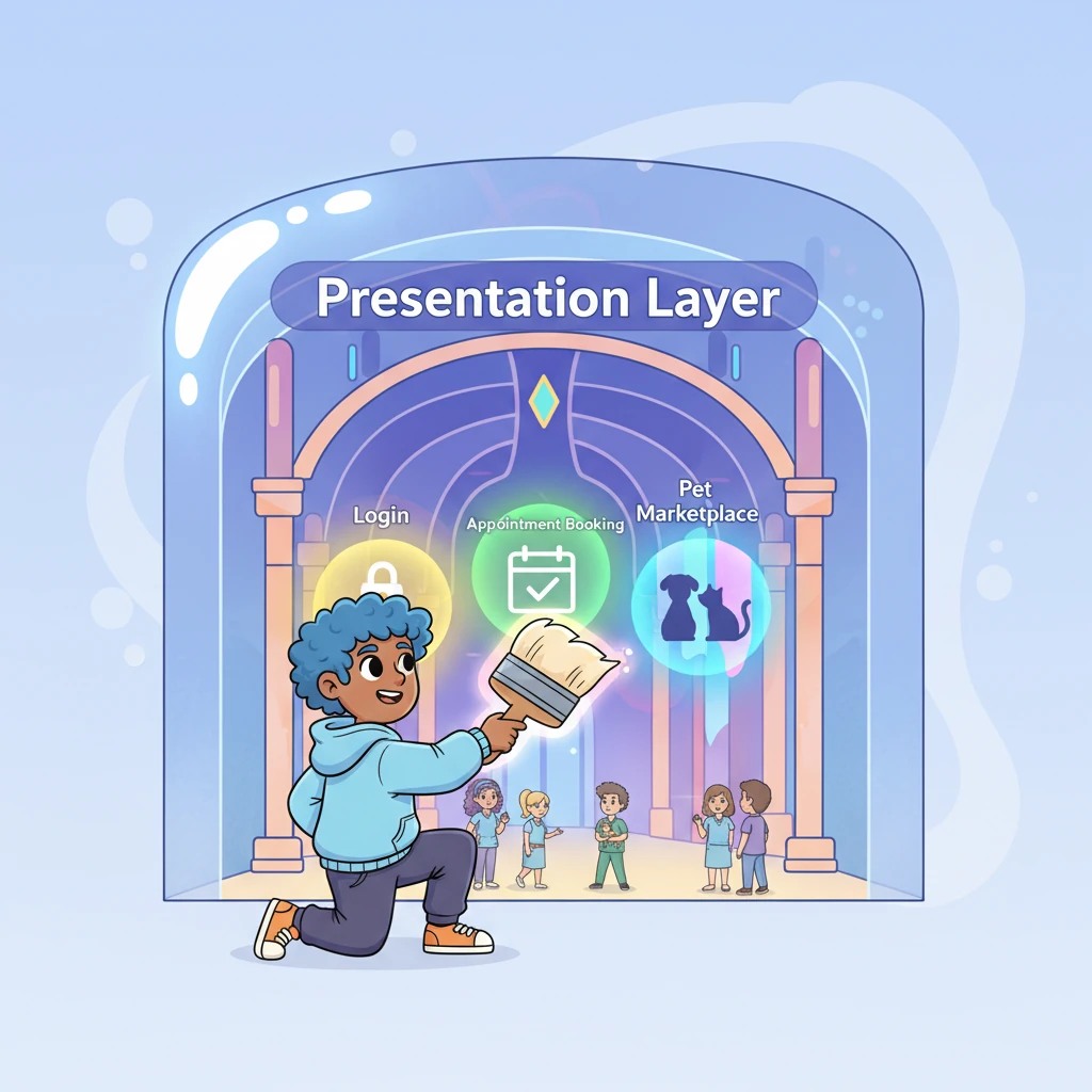 Below the users, Pete paints a shimmering "Presentation Layer," a grand digital entrance hall with glowing doors. Inside, he adds colorful portals for "Login," "Appointment Booking," and a bustling "Pet Marketplace," all designed to be super easy and fun for everyone to use.