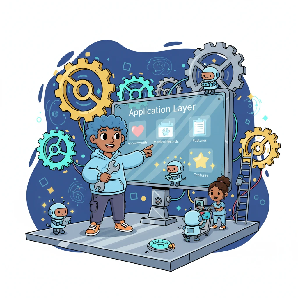 Next, Pete builds the "Application Layer," a bustling control center filled with whirring gears and friendly, tiny helper robots. Here, these diligent bots manage appointments, keep track of medical records, and ensure every feature runs smoothly behind the scenes.