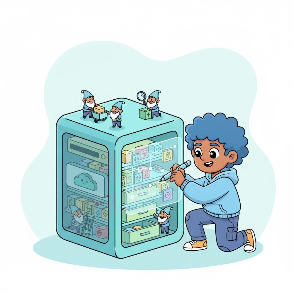 At the very bottom, Pete creates a cozy, secure "Database Server," which looks like a giant, friendly digital library. Inside, mischievous but careful data-gnomes meticulously store all the important information: pet names, medical notes, appointment times, and more, keeping it safe and perfectly organized.